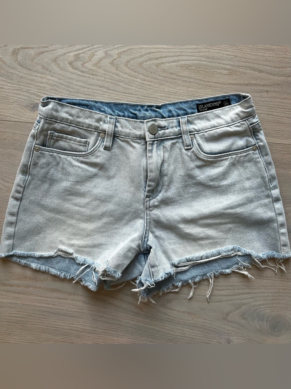 Blank NYC Washed Light Blue Frayed Hem Denim Shorts
